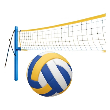 A volleyball resting on the yellow sand on a beach, with the net in the background and a scenic view of the ocean and sky. The scene captures the relaxed yet competitive vibe of beach volleyball, with warm sunlight and the natural beauty of the beach. sticker