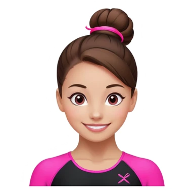 Happy female gymnast with brown hair in a neat bun, wearing a black uniform with neon pink elements. sticker