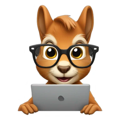 a squirrel with glasses is working on a laptop sticker