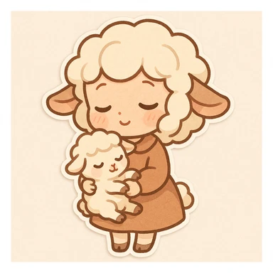 Chibi stickers style sheep girl holding a lamb, sleepy and sweet expression and pose. sticker