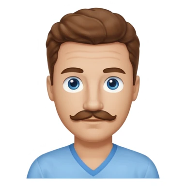 Benson Boone blue eyes, brown wavy hair and mustache, light blue v-neck shirt sticker