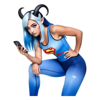 Disapponted-big tears-head back texting on phone-very very large upper body-sexy face-bending forward at waist-very long very straight dark blue to light blue ombre hair-and-blue eyes-thick black eyeliner-cute goat horns-iridescent blue lowcut tanktop with black leggings with glitter superman logo sticker