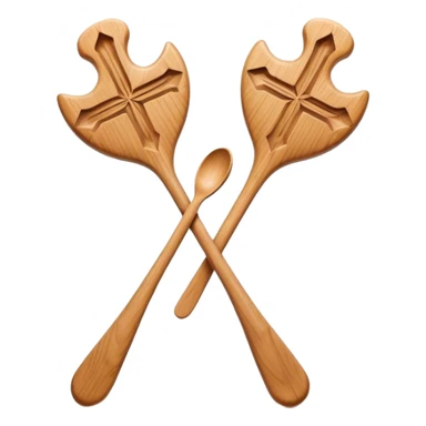 Two wooden spoons hitting each other with their flat sides, creating a cross-like shape with their handles, forming an intricate and striking visual sticker