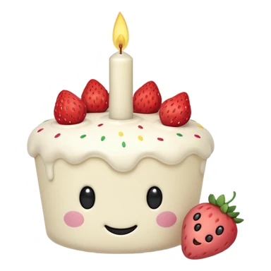 Jellycat vanilla cake with white frostting and strawberries on top with one candle with smiley face and legs sticker