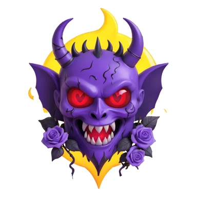 devil heart made of purple glass with sharp devil horns, pointed tail, glowing eyes, black roses, crescent moon accent, lightning effect, rain-soaked, cracked glass texture sticker