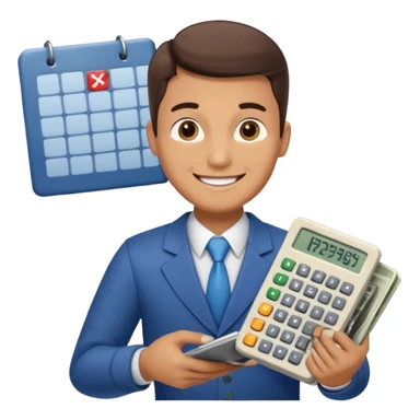 emoji, of a male AUDITOR smiling with Finance spreadsheet , a calculator,plus ADD A puzzle and a Balance for accounting. sticker