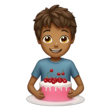 Boy playing a U shaped cherrie topped cake in bed sticker