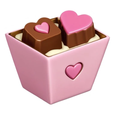 Two square milk chocolate 2 pralines only, Each praline is a sharp-edged cube with smooth glossy chocolate coating, placed in a small white fluted paper candy cup. On top of each cube is a flat pastel pink heart-shaped icing, thin and smooth, slightly translucent, with fine sugar crystal sparkle. sticker