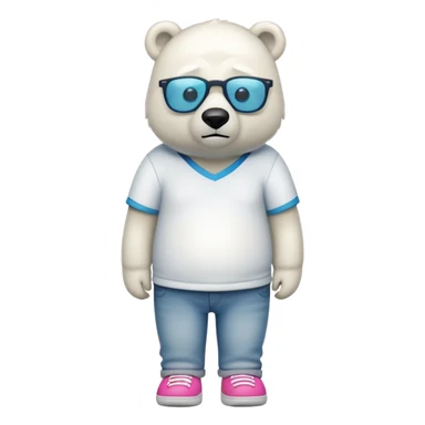 friendly anthropomorphised polar bear standing upright, looking chilled and unbothered, wearing a shirt, jeans, trainers, colorful glasses sticker
