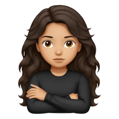 Hispanic girl with dark long wavy hair crossing her arms with slight pout wearing a black long sleeve shirt sticker