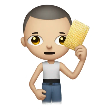 unhappy bald young man, on his hand there is semiconductor chip sticker