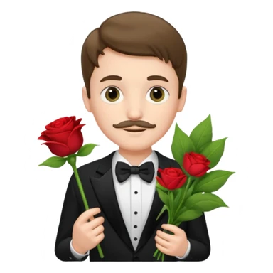 generate an ios genmoji of a 20 year old fair boy with very few and faint mustache hair. should look like he cant grow a mustache., carrying a flower bouquet, wearing a tux sticker