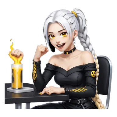 ghibli style, she is laughing outrageously and pounding her fist on the table, a closeup portrait of young woman with gold yellow eyes, white hair, long braid, black off-shoulder top, punk gothic style, futuristic cyberwave cyberpunk, sitting position
 sticker