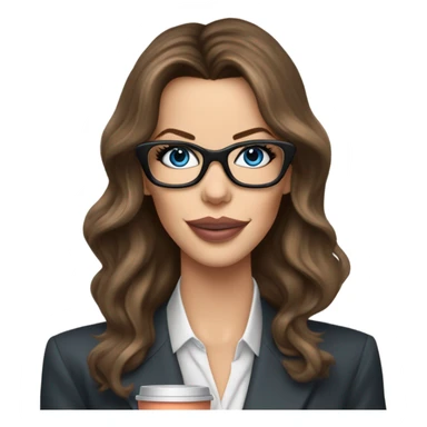 Realistic Kate Beckinsale blue eyes wearing glasses in a business dress drinking coffee peach lipstick  sticker