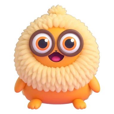 quirky fluffy creature with big eyes in playful pose, random color, 3D emoji style sticker