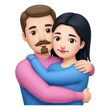 Tall strong white man with brown mustache goatee wearing blue hugging a chubby short pale woman with long black hair wearing pink sticker