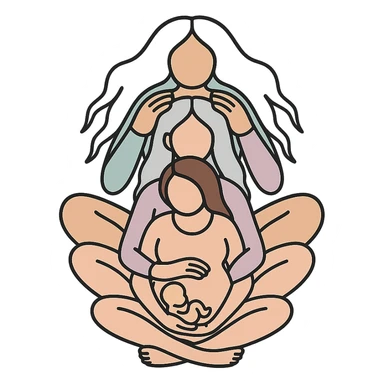 Variant: Several generations of women sitting one behind the other as in the reference, all dressed in flesh-colored bodysuits, Chinese Eastern style, icon-color-outlined style with thin clean contours, soft rounded shapes, pastel palette #98B5BC, #B5B3C1, #C9A3C9, #E4C0CA, #F7DCD1, #F7C0AA, emphasis on light and shadow, transparent background, no decoration, less cute. Composition and poses as in the reference. sticker