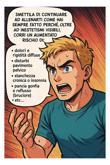 TRASFORMA QUESTO CAROSELLO IN UN FUMETTO STILE MANGA A COLORI CON QUESTE DUE PERSONE IDENTICHE CHE INTERLOQUISCONO TRA LORO:

LUI (UOMO): Smettila di continuare ad allenarti come hai sempre fatto perché, oltre ad inestetismi visibili, corri un aumentato rischio di:
    • dolori e rigidità diffuse
    • disturbi pavimento pelvico
    • stanchezza cronica o insonnia
    • pancia gonfia e reflusso (bruciore)
    • etc… sticker