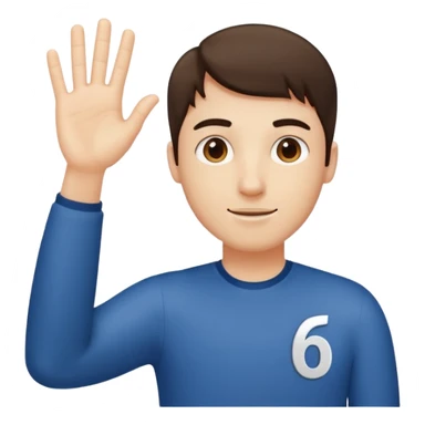 A guy with his left hand higher right lower left hand with a 6 on it right with a 7 sticker