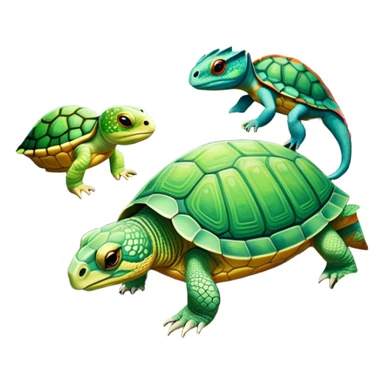 Close-up collage of a turtle, snake, and chameleon in a natural environment, with vibrant greenery and soft sunlight filtering through. Each reptile is shown in intricate detail, highlighting their unique textures and colors, set against a lush, serene background. sticker