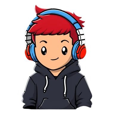 red-haired boy with headphones and a hoodie with 'woojuo' printed on the chest, confident expression, suitable for social media avatar sticker