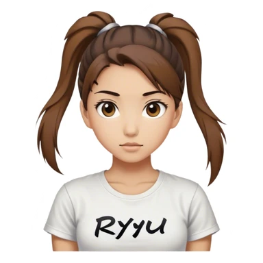 Beautiful girl happy with big eyes, ponytail and "ryu" written on tshirt sticker