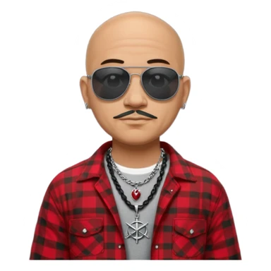 bald mexican cholo with black og sunglasses a silver necklace witth h engraved on emblem and flannel shirt sticker