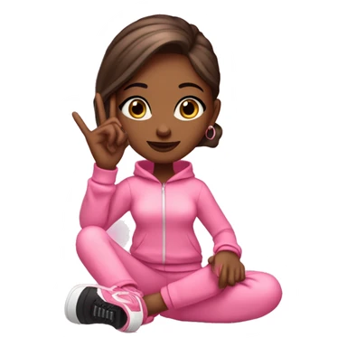 Girl emoji: pink tracksuit, hoop earrings, pink lips, lashes, nails. Poses: peace sign, nails, phone, arms crossed. full body stnding legs plus shoes sticker