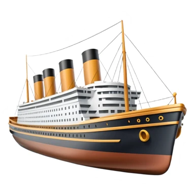 A 3D emoji of a Titanic ship in Apple style, glossy and smooth surface, bright clean colors with subtle shading, simple and minimal details, no face or expressions, floating on calm ocean, soft shadows, high-quality render, isolated on white background.


 sticker
