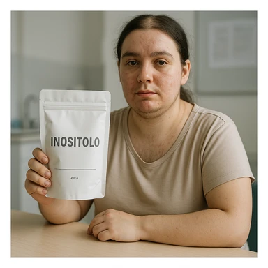Realistic photograph of a woman with PCOS sitting at a table, showing a package with the label 'Inositolo' clearly visible towards the camera. She has acne marks, chin hair, thin hair, in a clinical environment with soft lighting. sticker