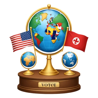An icon featuring a podium with a speaker, national flags, and voting ballots, symbolizing political science. The design includes a globe and scales of justice in the background, representing governance, global affairs, and political theory. Transparent background emphasizes civic engagement sticker