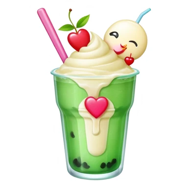 Cute emoji-style illustration of a green soda float with ice, vanilla ice cream scoop, two red cherries, pink heart-shaped straw, simple shapes, bright colors, glossy, kawaii style, centered, transparent background
 sticker