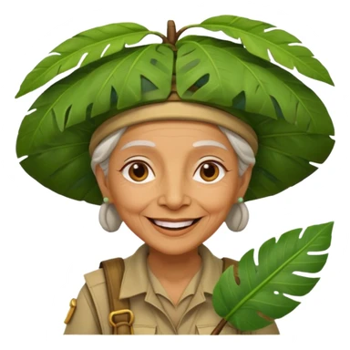 a old woman explorer with jungle wearing a large leaf headgear bye  sticker