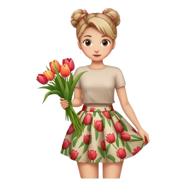 A girl with a messy bun, and a floral print skirt, holding a bunch of tulips. sticker