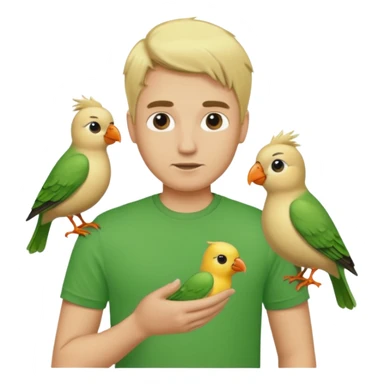 green tshirt blonde man with bird sticker