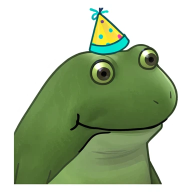 multiple green bufo frogs celebrating a birthday party on a beach, all are geologists and nerdy, with Magic the Gathering and escape room references, birthday frog has long hair in a man bun sticker