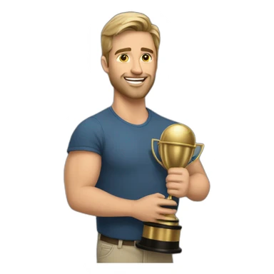 Caucasian Dad holding father of the year trophy sticker