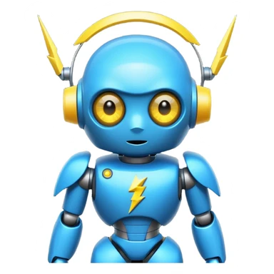 Small round cyber character with a glowing neon-blue C on its chest, big cute robot eyes, and a tiny yellow lightning bolt on its head sticker