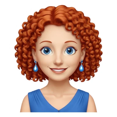 una profesora mayor simpática con el pelo rojo rizado, ojos azules, vestido azul y pendientes azules hablando sonriendo altura completa  sticker