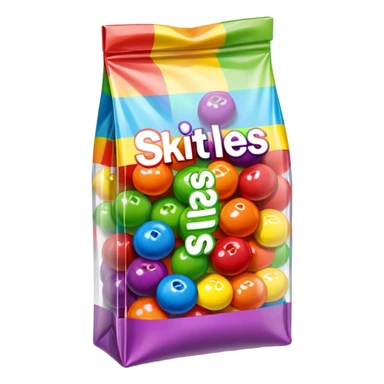 A Skittles candy package completely wrapped in clear packing tape, shiny reflective surface, rainbow colored bag under tape sticker