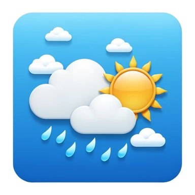 flat design Apple Weather App icon with blue background, white sun and cloud, simple icon style sticker