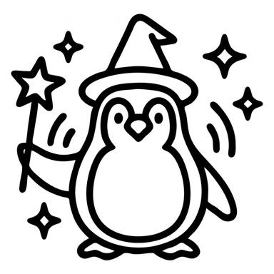 stylized penguin wizard icon with a star-tipped wand and mystical aura sticker