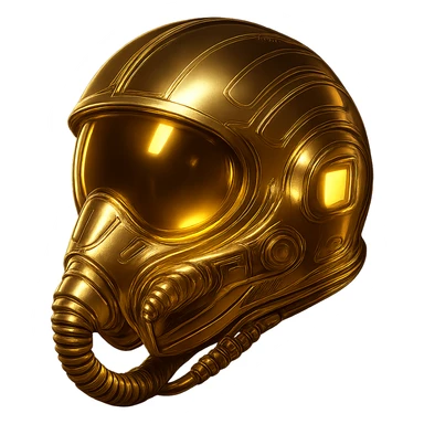 Make the golden pilot helmet more futuristic with advanced technology details, reflective gold surface, and illuminated panels. No background. sticker
