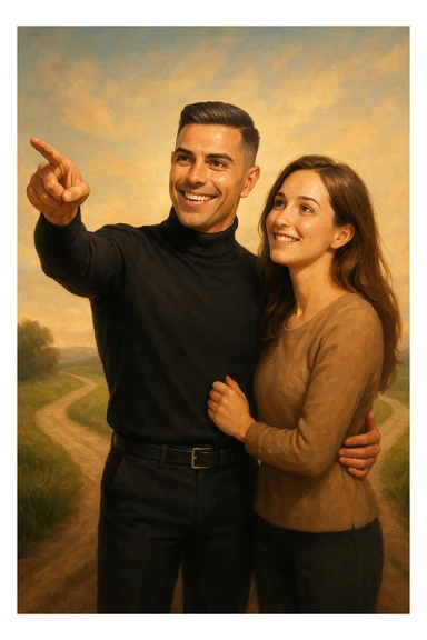 a couple stands at a crossroads, the man pointing confidently toward a direction while the woman looks at him with trust and optimism. Both are illuminated by soft, uplifting light, representing faith in each other’s strengths and the positive outcomes of working together. sticker