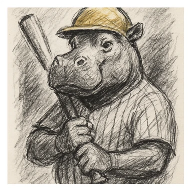 hippo holding a baseball bat, wearing a yellow helmet, pinstripes outfit sticker
