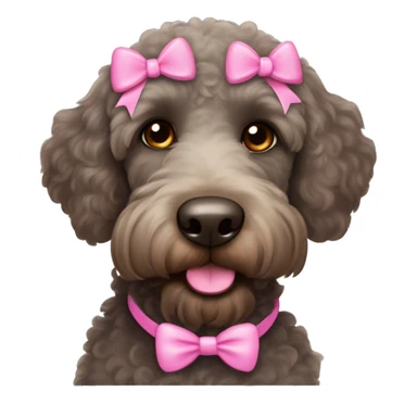 Black labradoodle female dog brown eyes with pink bows on her ears and pink collar with name tag on it bonnie sticker