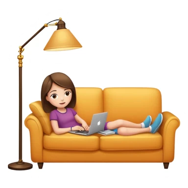 A girl is working with a laptop while lying on a sofa, with a floor lamp to the right. sticker