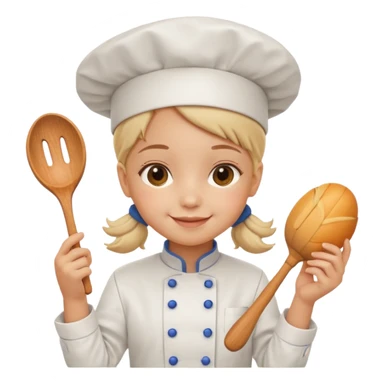 girl kid italian chef, uniform, holding toy sticker