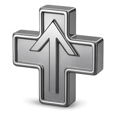 abstract chrome cross with an upward arrow and radiant effects, representing health improvement sticker
