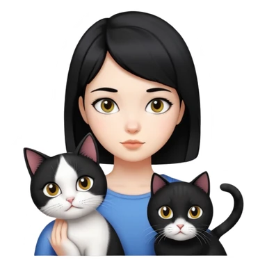 A girl with short black hair parted in the middle, fair skin, is accompanied by a black and white cat. sticker
